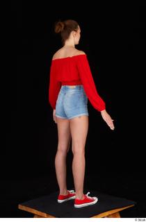 Stacy Cruz blue jeans shorts casual dressed red off shoulder…